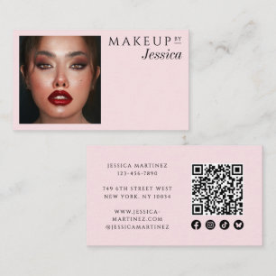Carte De Visite Code QR Rose Pâle Élégant Photo Sociale Maquillage