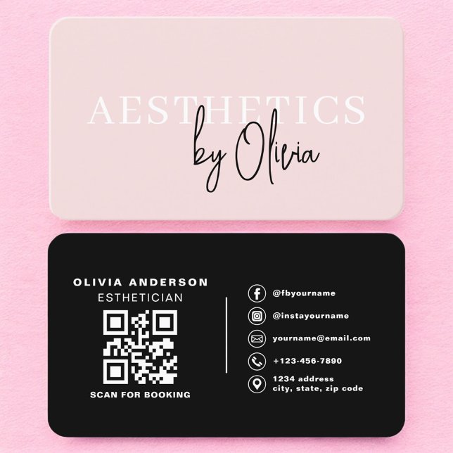 Carte De Visite Code QR Rose Pâle Esthéticienne Soins de la Peau  (Créateur téléchargé)