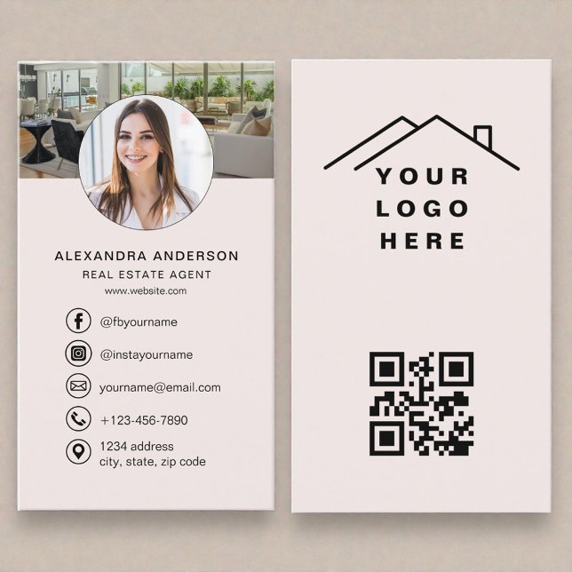Carte De Visite Code QR Rose Pâle Logo Photo Agent Immobilier (Créateur téléchargé)