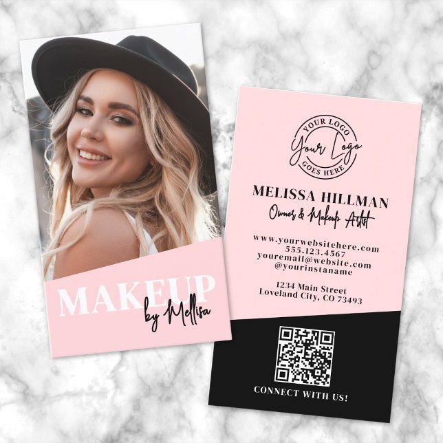 Carte De Visite Code QR Rose Pâle Logo Photo Maquillage Vertical (Blush Pink QR Code Photo Logo Makeup Vertical Business Card)