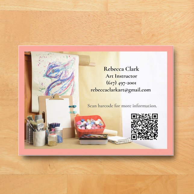 Carte De Visite Code QR Rose Peach Professeur d'Art Tuteur Cours d (Peach Pink Art Classroom Business Card for Teacher )