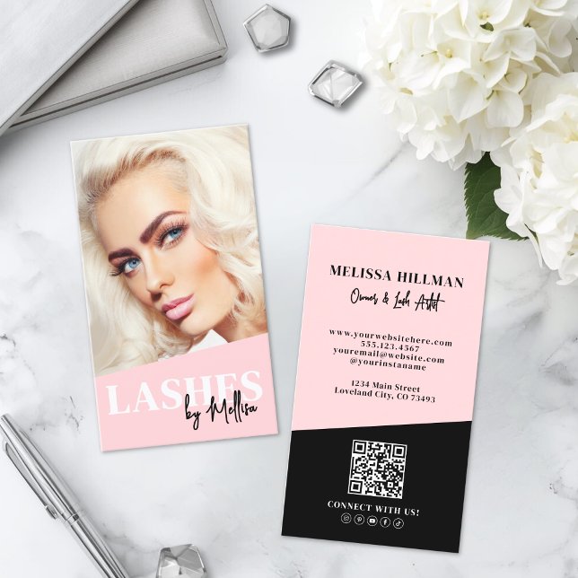Carte De Visite Code QR Rose Photo Cils Vertical (Pink QR Code Photo Lashes Vertical Business Card )