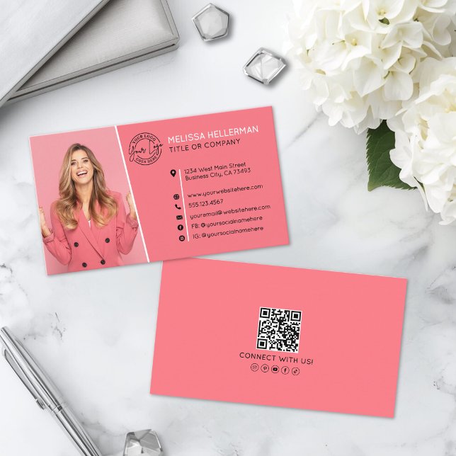 Carte De Visite Code QR Rose Professionnel Photo Votre Logo (Professional Pink QR Code Photo Your Logo Business Card)