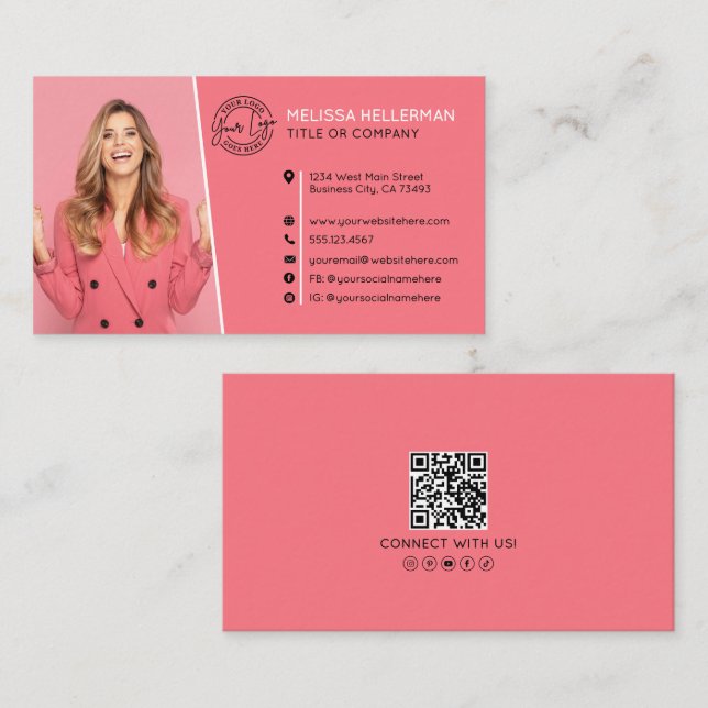 Carte De Visite Code QR Rose Professionnel Photo Votre Logo (Devant / Derrière)