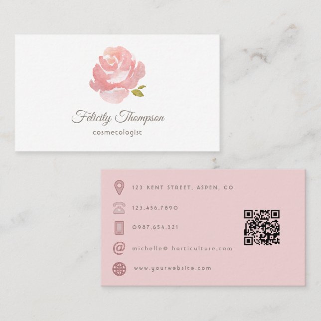 Carte De Visite Code QR Rose Rose Pâle Aquarelle Élégante (Devant / Derrière)