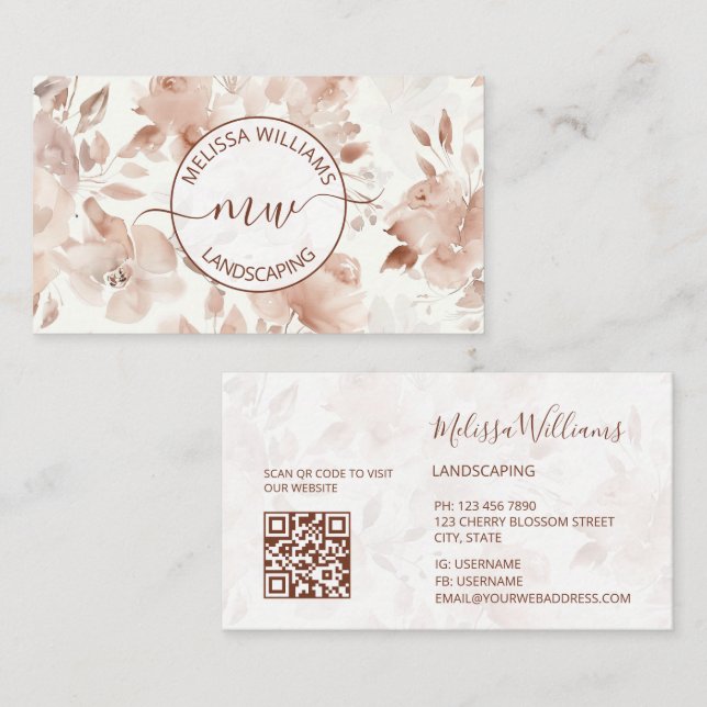 Carte De Visite Code QR | Roses aquarelle beige | Logo (Devant / Derrière)