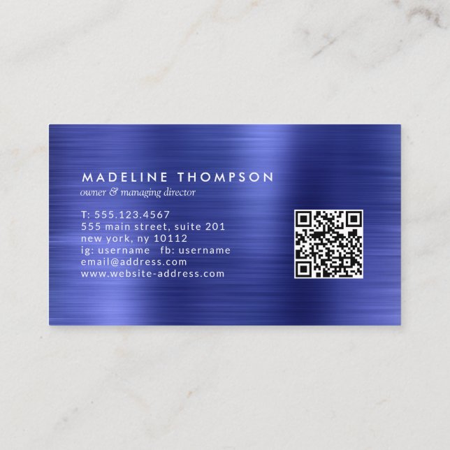 Carte De Visite Code QR Royal Bleu en métal brossé professionnel (Dos)