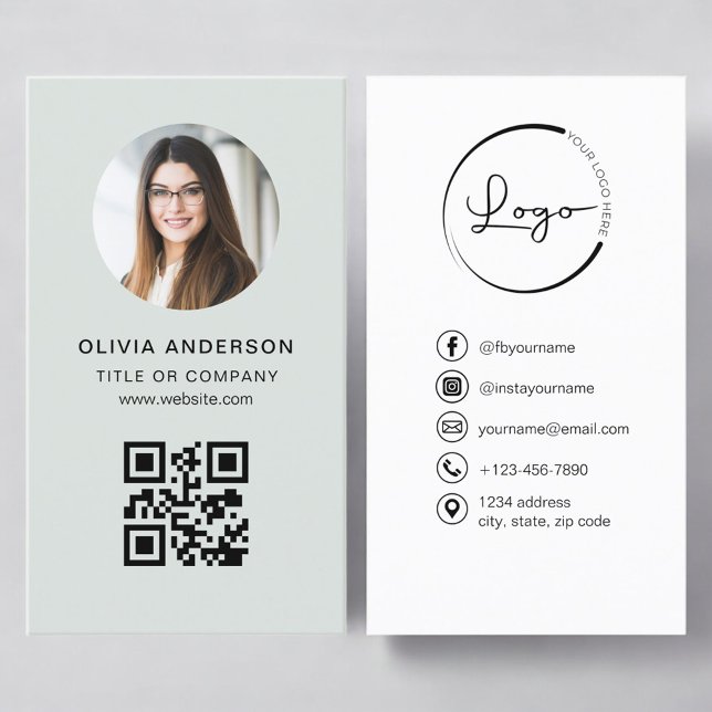 Carte De Visite Code QR Sage Vert Photo Professionnel pour les Méd (Créateur téléchargé)