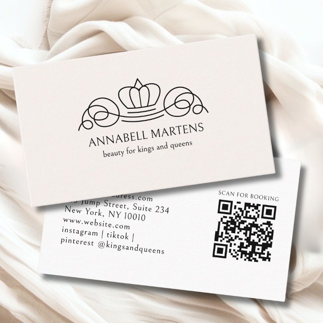 Carte De Visite Code QR Salon Couronne Élégante Beige (Elegant Crown Salon Beige QR Code Business Card)