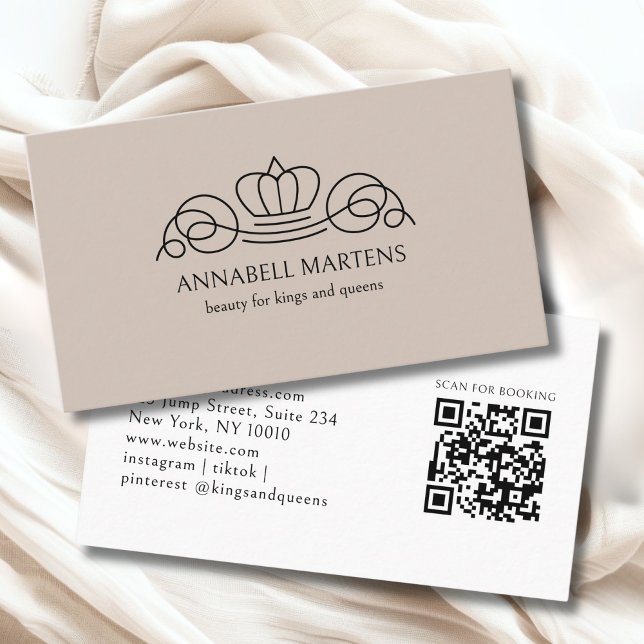 Carte De Visite Code QR Salon Couronne Élégante Brun Clair (Elegant Crown Salon Light Brown QR Code Business Card)