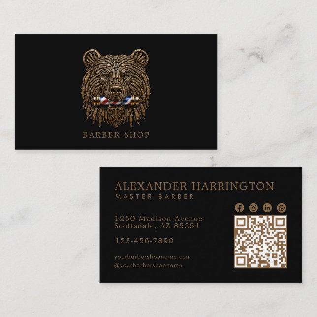 Carte De Visite Code Qr Salon De Coiffure Elegant Bronze Bear (Devant / Derrière)