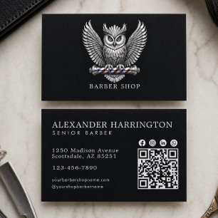 Carte De Visite Code Qr Salon de Coiffure Élégant Hibou Argent Hai