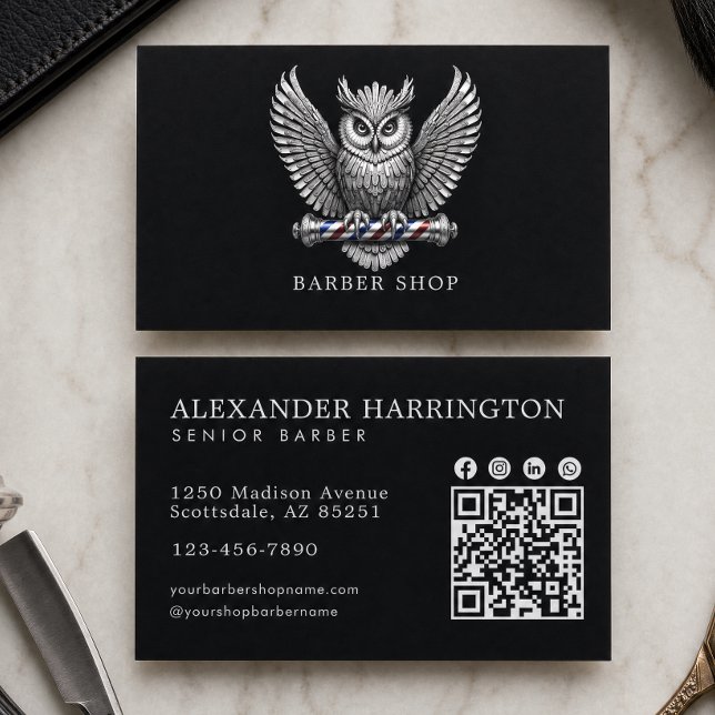Carte De Visite Code Qr Salon De Coiffure Élégant Hibou Argent Hai (Créateur téléchargé)