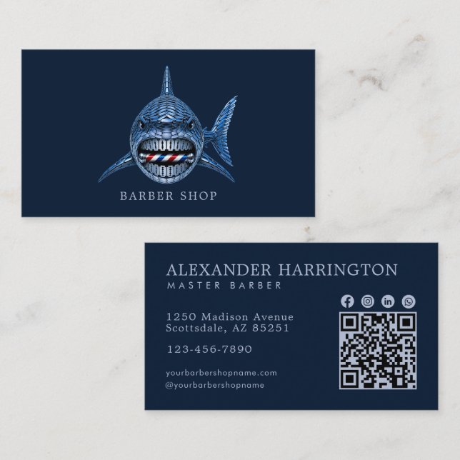 Carte De Visite Code Qr Salon De Coiffure Elegant Steel Shark (Devant / Derrière)