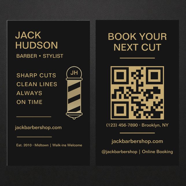 Carte De Visite Code QR Salon de Coiffure Noir Or Coiffure Barbier (Créateur téléchargé)