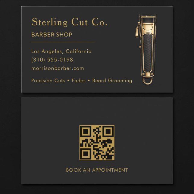Carte De Visite Code QR Salon de Coiffure Noir & Or Professionnel (Créateur téléchargé)