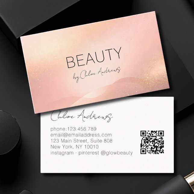 Carte De Visite Code QR Salon Dégradé de Teinte Dorée Rose (Blush Gold Glow Gradient Salon QR Code Business Card)