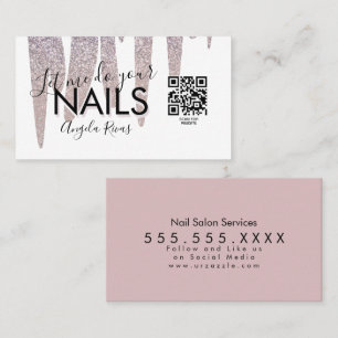 Carte De Visite CODE QR Salon d'ongles  Paillettes Rose Fard