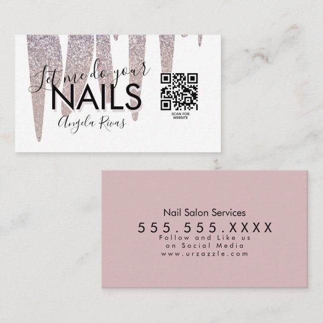 Carte De Visite CODE QR Salon d'ongles  Paillettes Rose Fard (Devant / Derrière)