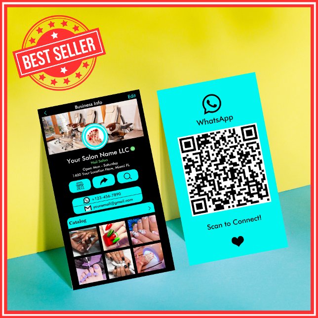 Carte De Visite Code QR Salon d'ongles WhatsApp Turquoise Média So (Créateur téléchargé)