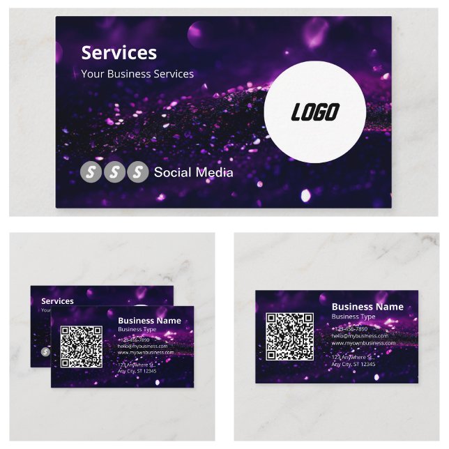 Carte De Visite Code QR scannable de logo moderne violet (Purple Modern Logo Scannable QR Code Business Cards)
