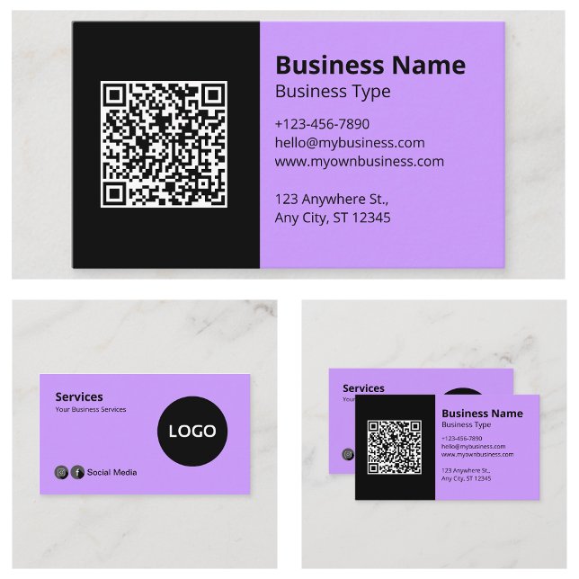 Carte De Visite Code QR scannable Logo Entreprise Lilas Noir (Black Lilac Business Logo Scannable QR Code Business Cards)