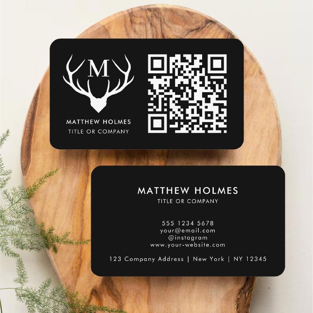 Carte De Visite Code QR scannable noir moderne Monogramme unique (Modern Black Scannable QR Code Monogram Unique Business Card)