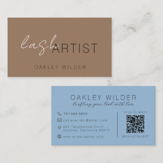Carte De Visite Code QR Script Bleu Marron Cocoa Artiste De Cils M