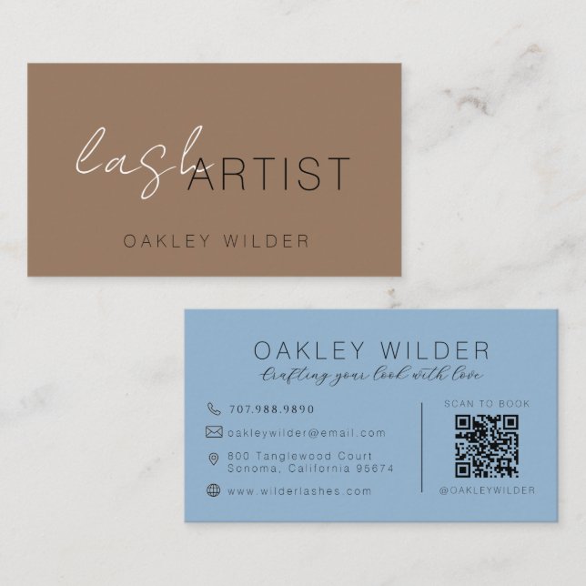 Carte De Visite Code QR Script Bleu Marron Cocoa Artiste De Cils M (Devant / Derrière)