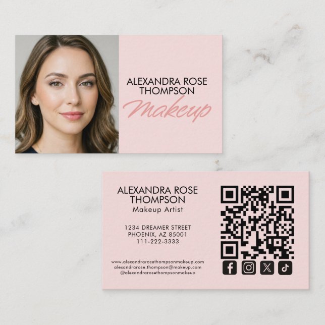 Carte De Visite Code QR Script Rose Pâle Icône Sociale Maquillage (Devant / Derrière)