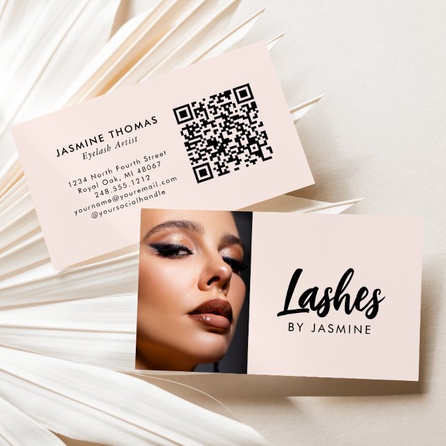 Carte De Visite Code QR Script Rose Pâle Photo Artiste Cils (Créateur téléchargé)