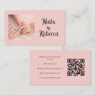 Carte De Visite Code QR Script Rose Pâle Technicien en Ongles Phot