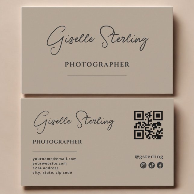Carte De Visite Code QR Script Taupe Neutre Photographe (Créateur téléchargé)