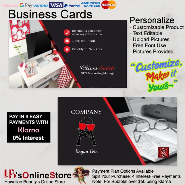 Carte De Visite Code QR SEO Élégant Rouge et Noir pour Bureau Fémi (Girly Office Red Black Classy SEO QR Code Business Card 4.)
