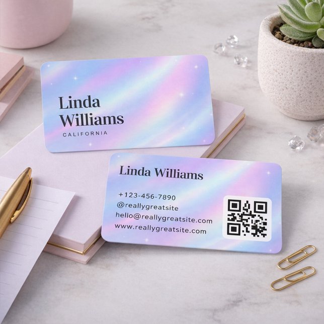 Carte De Visite Code QR sérigraphié iridescent pastel doux avec no (Créateur téléchargé)