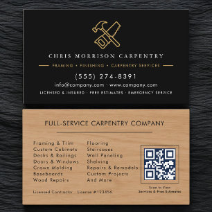Carte De Visite Code QR Service de menuiserie bois Marteau Scie 