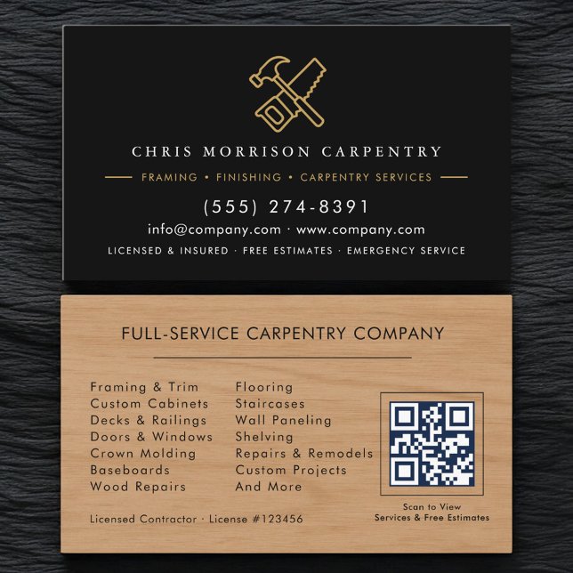 Carte De Visite Code QR Service de menuiserie bois Marteau Scie  (Créateur téléchargé)