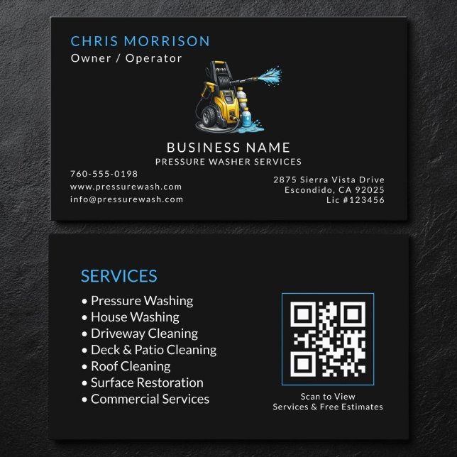 Carte De Visite Code QR Services de Laveur Haute Pression Noir (Créateur téléchargé)