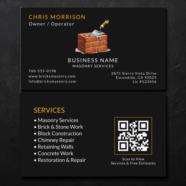 Carte De Visite Code QR Services de Maçonnerie Noire (Créateur téléchargé)