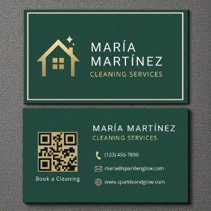 Carte De Visite Code QR Services de nettoyage Vert Or