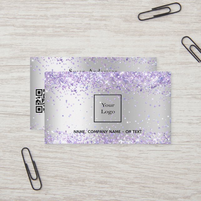 Carte De Visite Code QR Silver Lavender (Devant/Arrière en situation)