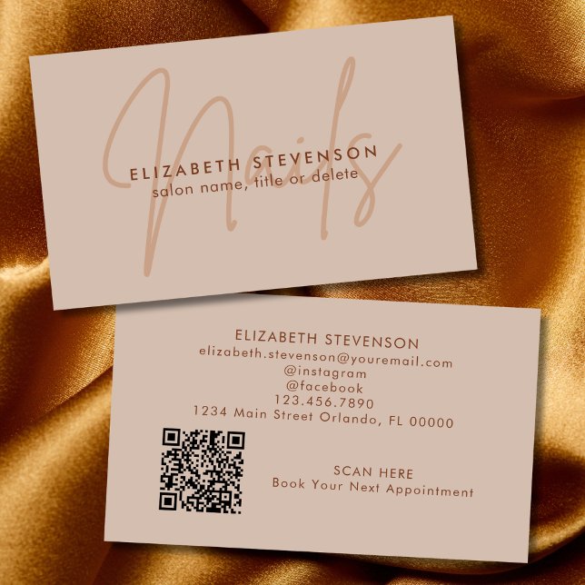 Carte De Visite Code QR simple artiste ongles écriture marron choc (Créateur téléchargé)