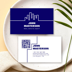 Carte De Visite Code QR Simple Bleu Royal Agent Immobilier