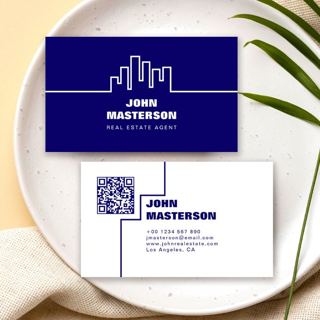 Carte De Visite Code QR Simple Bleu Royal Agent Immobilier (Créateur téléchargé)