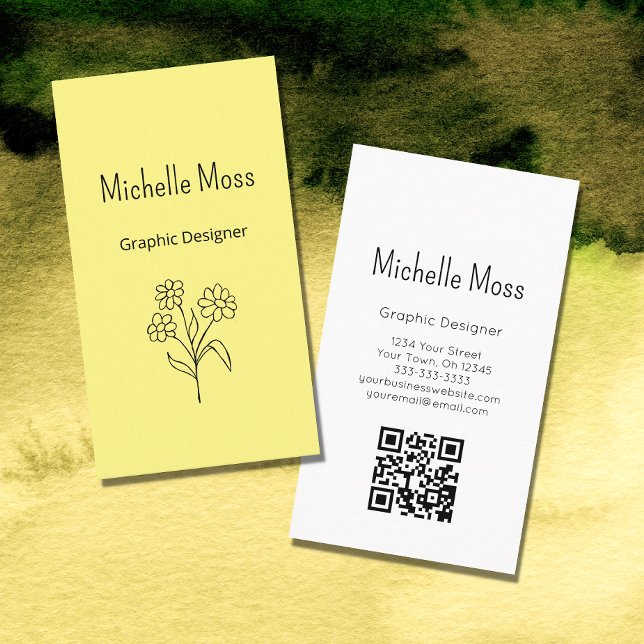 Carte De Visite Code QR Simple Daisy Boho Yellow Graphic Designer (Créateur téléchargé)