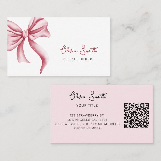 Carte De Visite Code QR Simple Élégant Typographie Ruban Rose (Devant / Derrière)