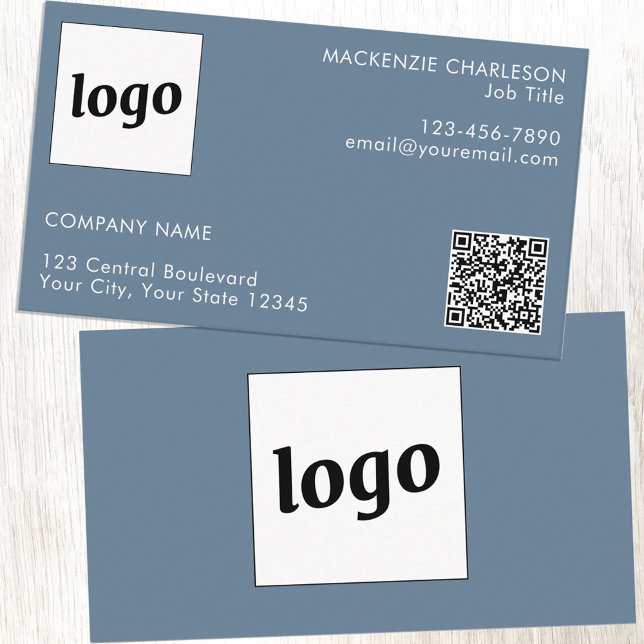Carte De Visite Code QR simple logo et texte Bleu gris poussiéreux (Logo QR code with custom text blue gray professional business card)