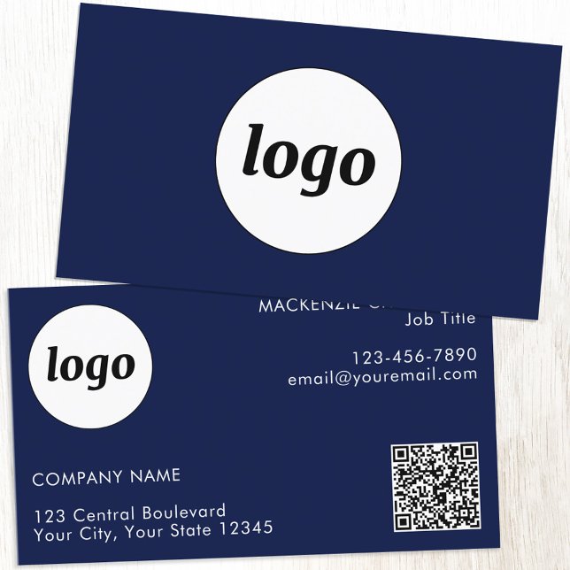 Carte De Visite Code QR simple logo et texte bleu marine (Simple logo with custom text and QR code navy blue professional business card)