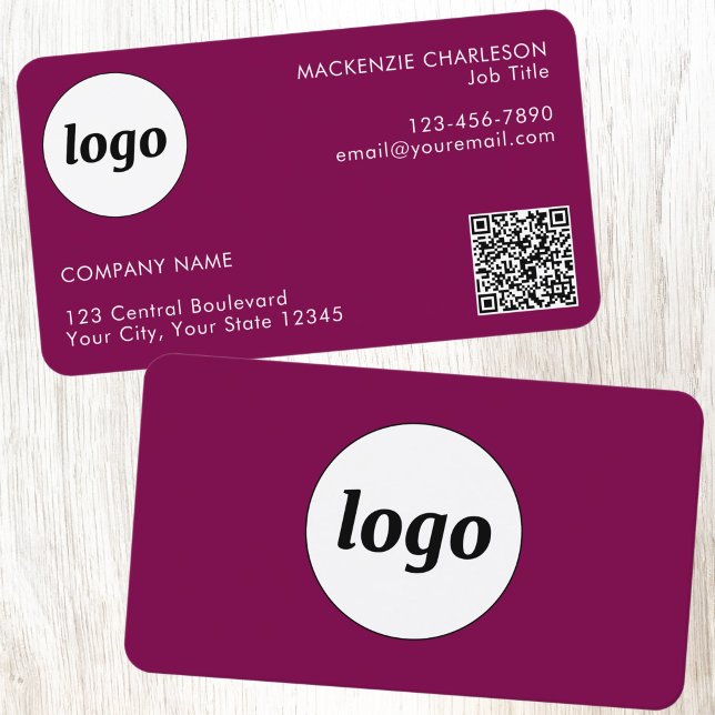 Carte De Visite Code QR simple logo et texte Magenta Rose (Simple logo with custom text business branding promotional QR code networking business card)