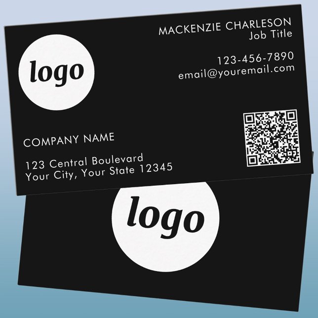 Carte De Visite Code QR simple logo et texte noir (Logo with text and QR code business card)